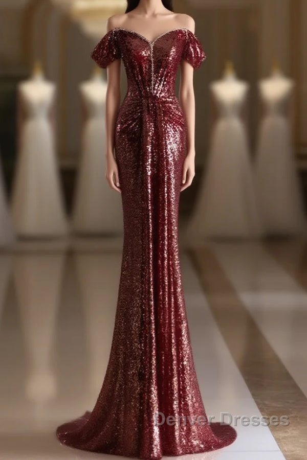 Simple Off Shoulder Sequin Burgundy Long Prom Dress, Burgundy Long Evening Dress Main image
