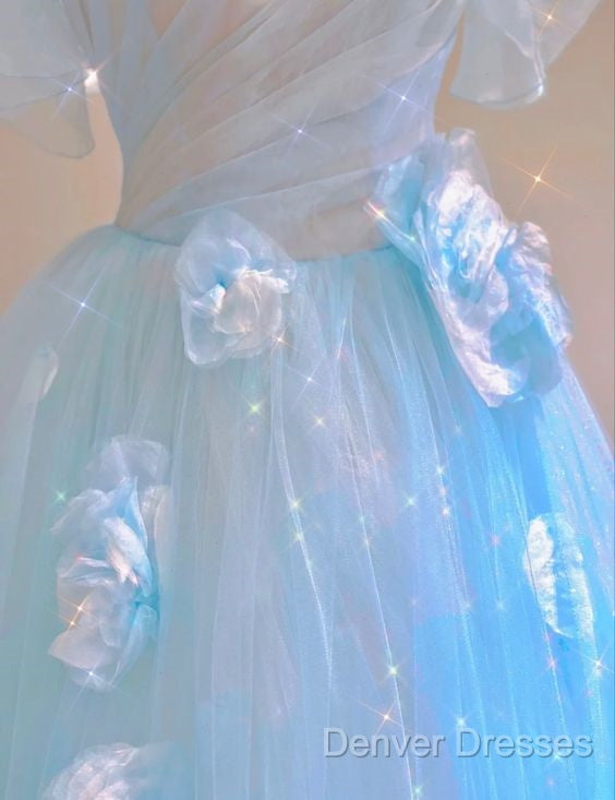 Fairy A Line Blue Floral Prom Dress Evening Dress