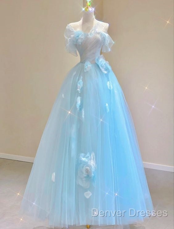 Fairy A Line Blue Floral Prom Dress Evening Dress