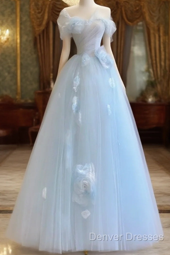 Fairy A Line Blue Floral Prom Dress Evening Dress