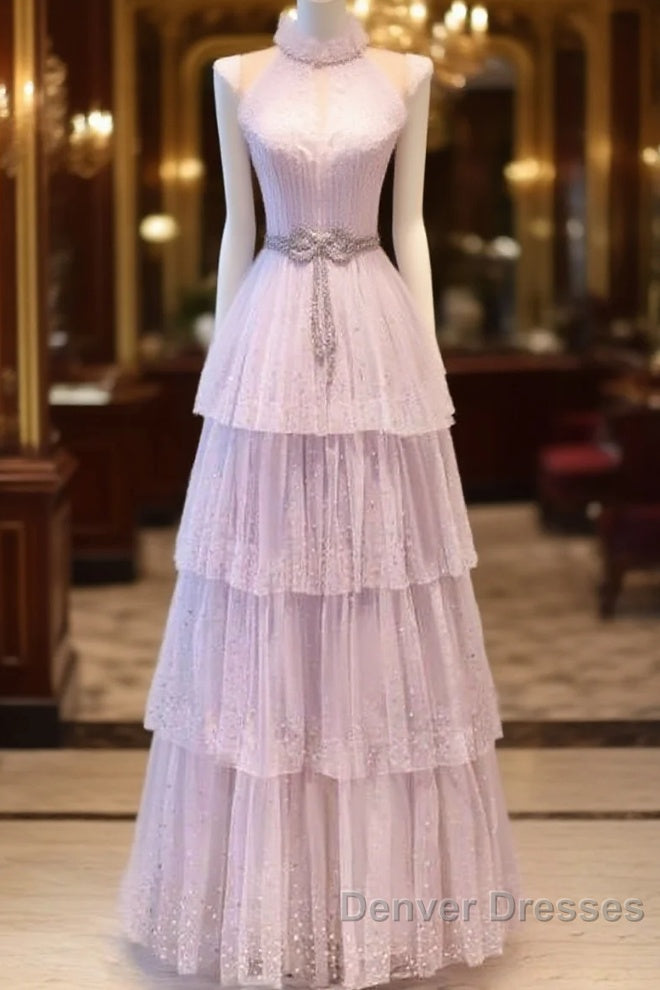 Fairy A Line High Neckline Pink Long Tulle Prom Dress 22Th Birthday Outfit