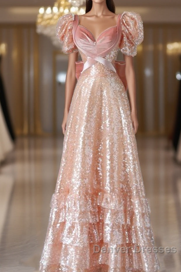 Fairy A Line Short Sleeves Sequin Long Prom Dress Main image