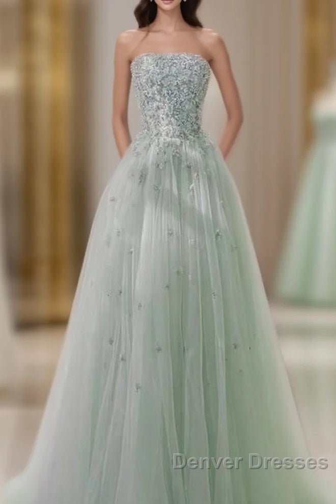 Fairy A Line Strapless Mint Green Long Tulle Prom Dress 22Th Birthday Outfit