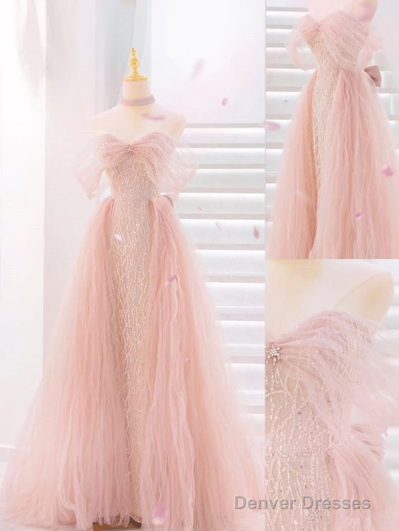 Fairy A Line Strapless Tulle Sequin Long Pink Prom Dress