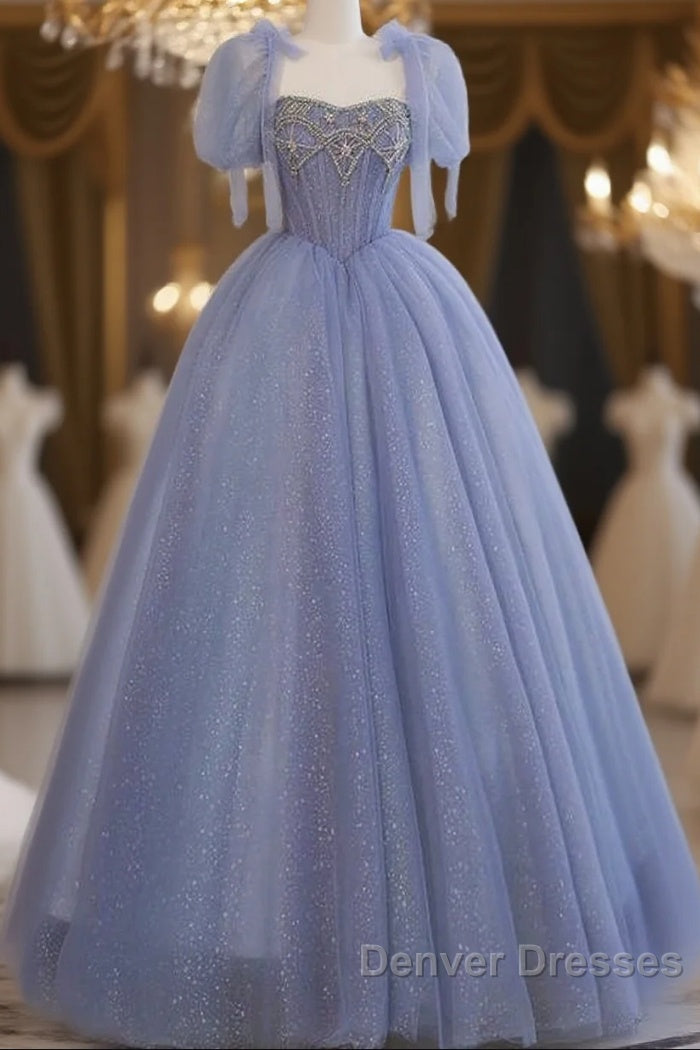 Fairy A Line Straps Tulle Long Blue Prom Dress Main image
