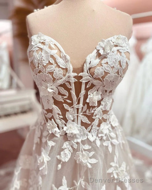 Fairy A Line Sweetheart Tulle Long Wedding Dresses With Appliques Off Shoulder Beautiful