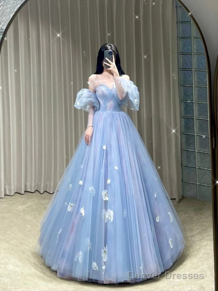 Fairy Ball Gown Blue Floral Tulle Prom Dresses Evening Dress Main image