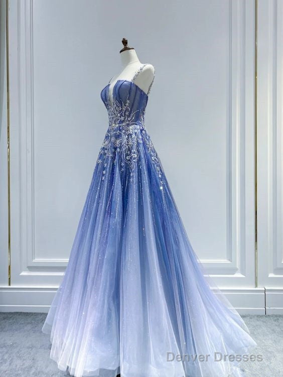 Fairy Ball Gown Ombre Blue Tulle Prom Dresses Evening Dress