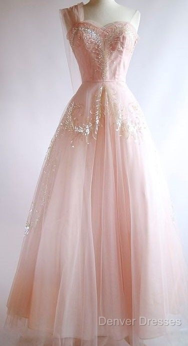 Fairy Ball Gown One Shoulder Pink Lace Prom Dress Ankel Length Evening Dress