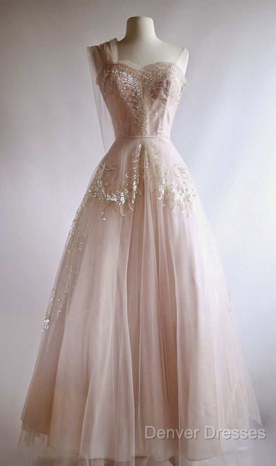 Fairy Ball Gown One Shoulder Pink Lace Prom Dress Ankel Length Evening Dress