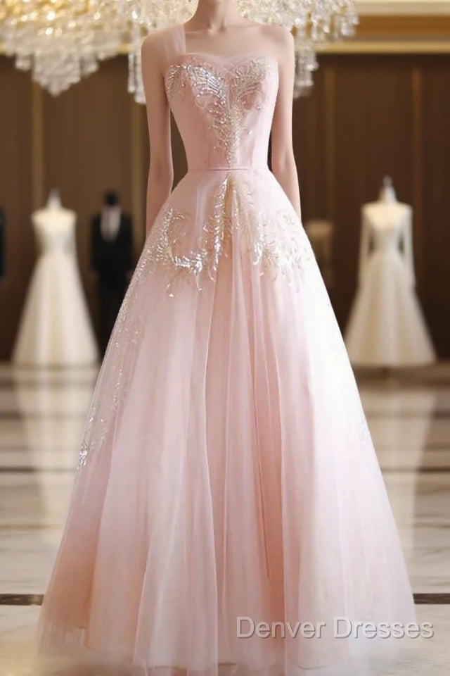 Fairy Ball Gown One Shoulder Pink Lace Prom Dress Ankel Length Evening Dress