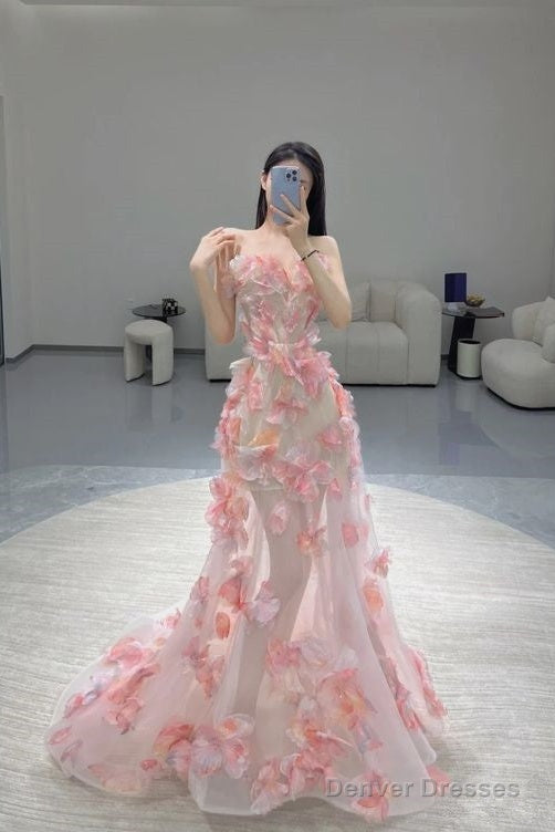 Fairy Ball Gown Strapless Pink Floral Prom Dresses Long Evening Dress Secondary image