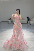 Fairy Ball Gown Strapless Pink Floral Prom Dresses Long Evening Dress