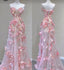 Fairy Ball Gown Strapless Pink Floral Prom Dresses Long Evening Dress