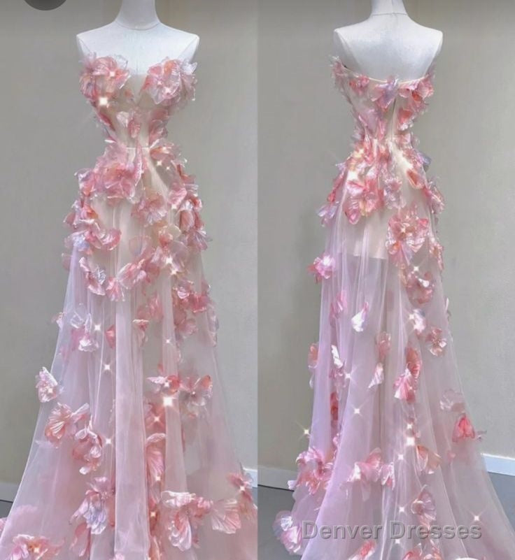 Fairy Ball Gown Strapless Pink Floral Prom Dresses Long Evening Dress Main image