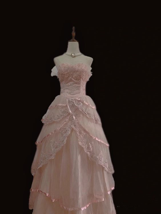 Fairy Ball Gown Strapless Pink Lace Prom Dress Long Evening Dress Main image