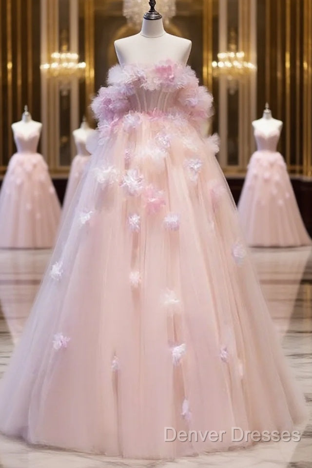 Fairy Ball Gown Strapless Pink Tulle Prom Dress Long Party Dress