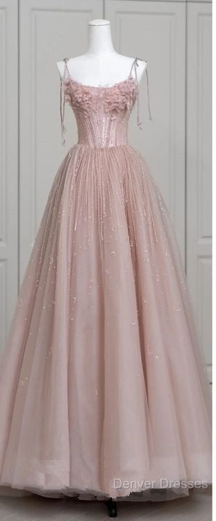 Fairy Ball Gown Straps Pink Tulle Prom Dress Long Evening Dress