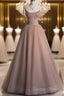 Fairy Ball Gown Straps Pink Tulle Prom Dress Long Evening Dress