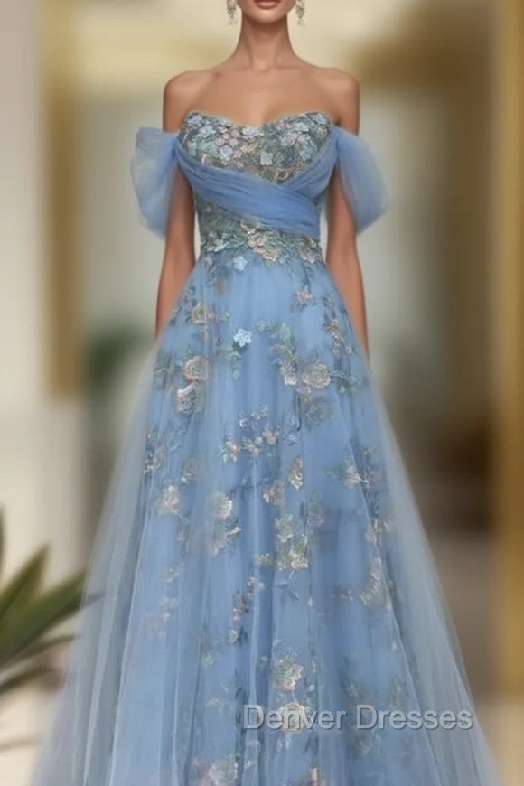 Fairy Blue Tulle Off Shoulder Lace Embroidery Dress Main image