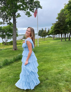 Fairy Sky Blue Sequare Neck Tiered Tulle Evening Dress Long Prom Dress