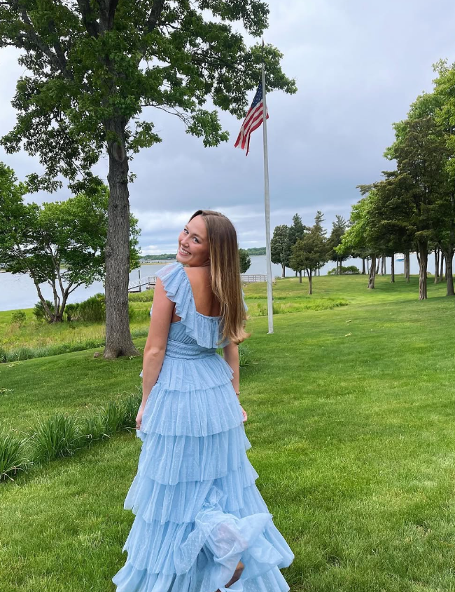 Fairy Sky Blue Sequare Neck Tiered Tulle Evening Dress Long Prom Dress