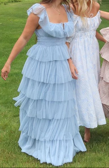Fairy Sky Blue Sequare Neck Tiered Tulle Evening Dress Long Prom Dress