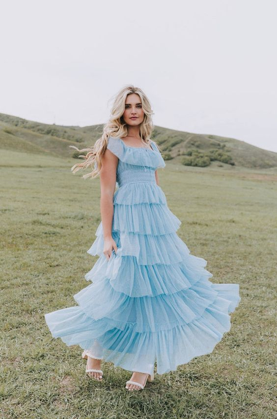 Fairy Sky Blue Sequare Neck Tiered Tulle Evening Dress Long Prom Dress Main image
