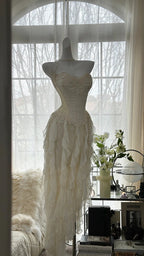 Fairy-Like Tube Top With Heart-Shaped Collar And Beaded Wood Ear Curled Skirt Chiffon Prom Dress