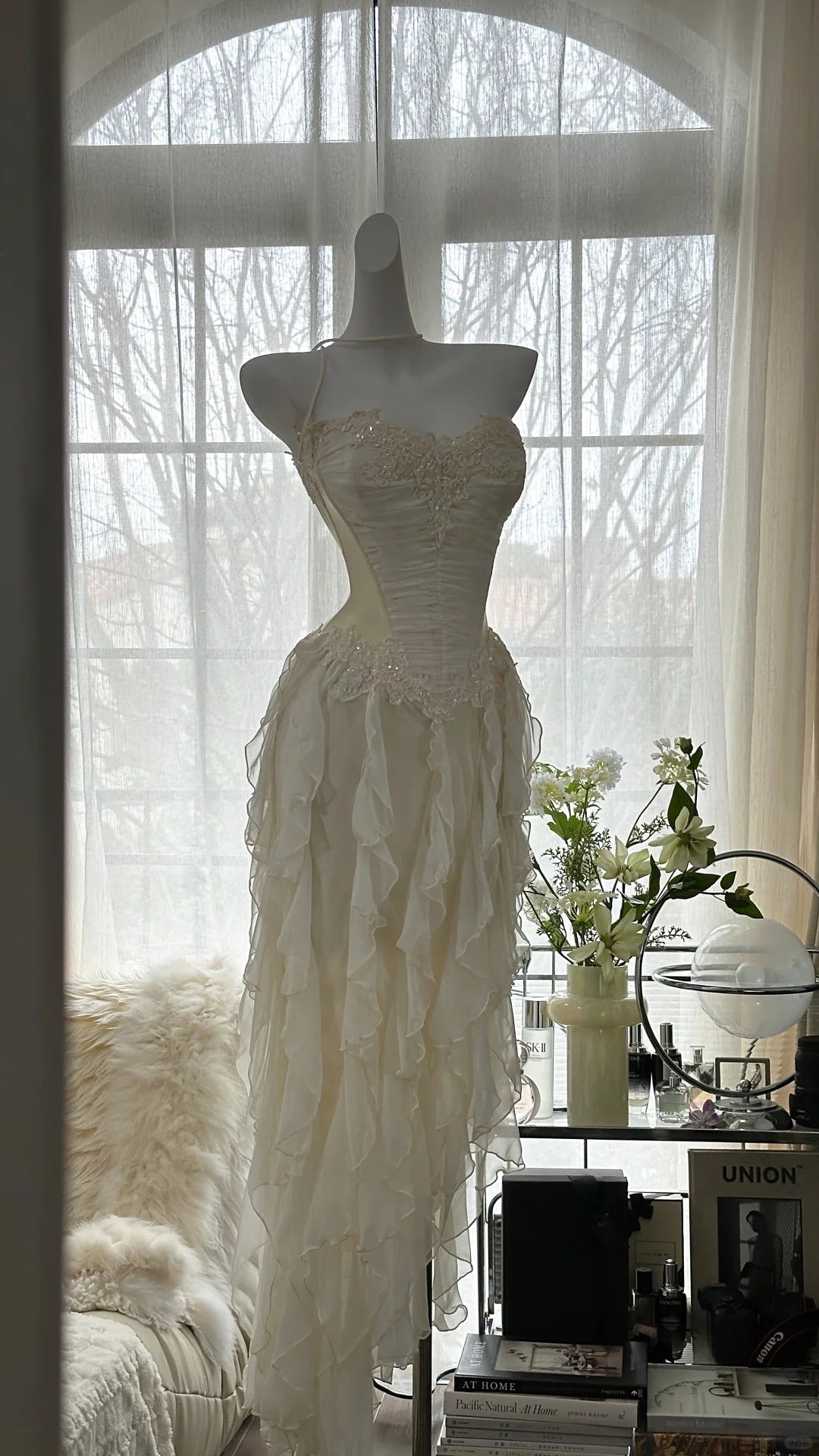 Fairy-Like Tube Top With Heart-Shaped Collar And Beaded Wood Ear Curled Skirt Chiffon Prom Dress