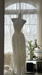 Fairy-Like Tube Top With Heart-Shaped Collar And Beaded Wood Ear Curled Skirt Chiffon Prom Dress