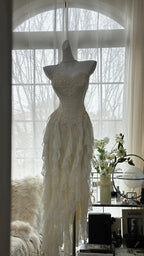 Fairy-Like Tube Top With Heart-Shaped Collar And Beaded Wood Ear Curled Skirt Chiffon Prom Dress