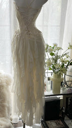 Fairy-Like Tube Top With Heart-Shaped Collar And Beaded Wood Ear Curled Skirt Chiffon Prom Dress