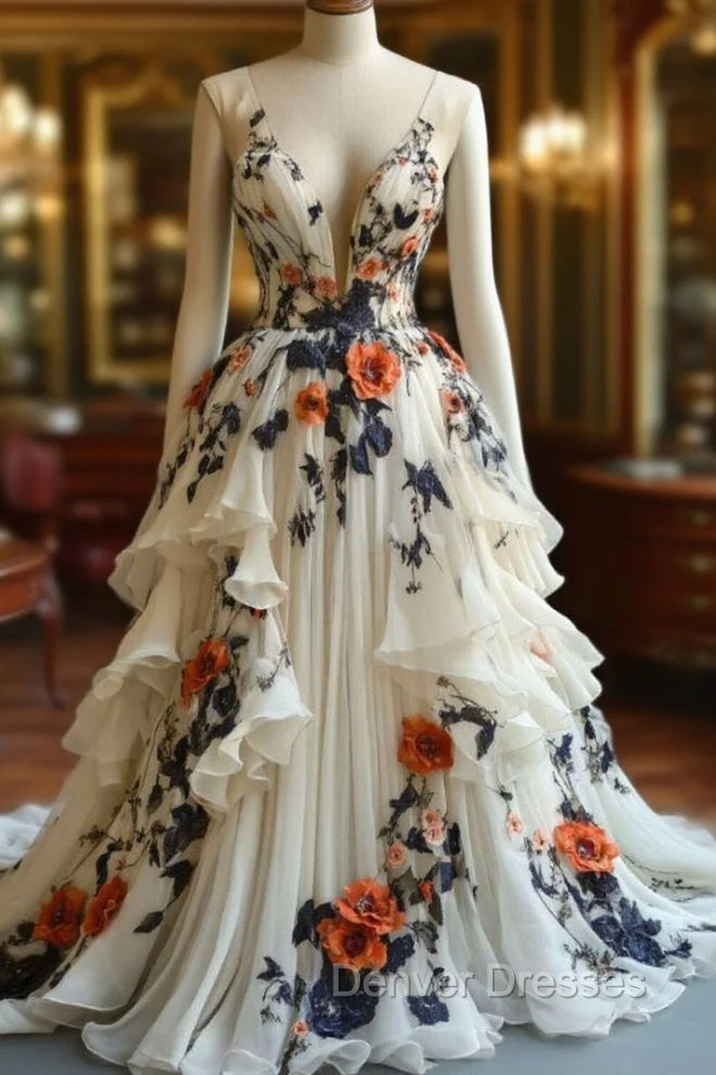 Fairytale A-Line Prom Dress For Wedding Chiffon 3D Applique Evening Dress Main image