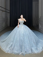 Fairytale Ball Gown Strapless Neckline Sequin Light Sky Blue Long Wedding Dress Brides Dress