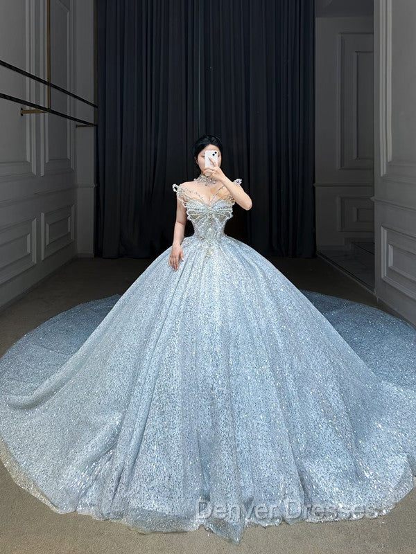 Fairytale Ball Gown Strapless Neckline Sequin Light Sky Blue Long Wedding Dress Brides Dress
