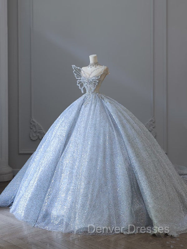 Fairytale Ball Gown Strapless Neckline Sequin Light Sky Blue Long Wedding Dress Brides Dress