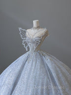 Fairytale Ball Gown Strapless Neckline Sequin Light Sky Blue Long Wedding Dress Brides Dress