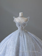 Fairytale Ball Gown Strapless Neckline Sequin Light Sky Blue Long Wedding Dress Brides Dress