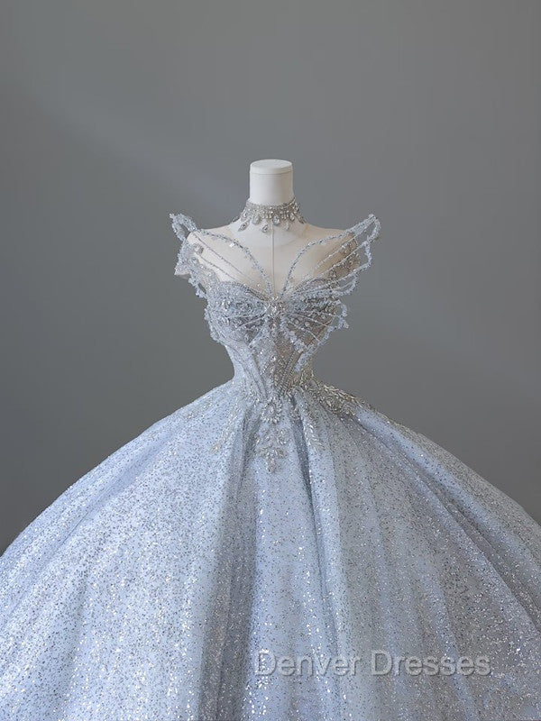 Fairytale Ball Gown Strapless Neckline Sequin Light Sky Blue Long Wedding Dress Brides Dress