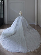 Fairytale Ball Gown Strapless Neckline Sequin Light Sky Blue Long Wedding Dress Brides Dress