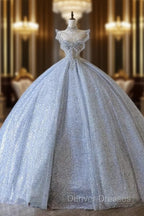 Fairytale Ball Gown Strapless Neckline Sequin Light Sky Blue Long Wedding Dress Brides Dress