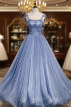 Fairytale Blue Flowers Long Tulle Ballgown Prom Dress
