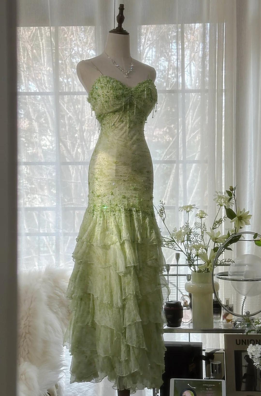 Fairytale Green Mermaid Vintage Party Dresses Sweetheart Chiffon Beaded Layed  Prom Dresses
