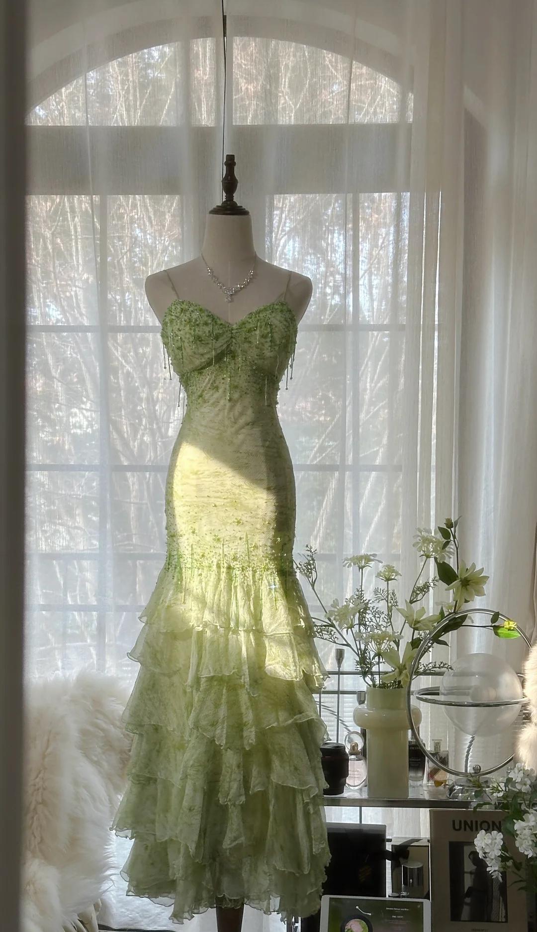 Fairytale Green Mermaid Vintage Party Dresses Sweetheart Chiffon Beaded Layed  Prom Dresses