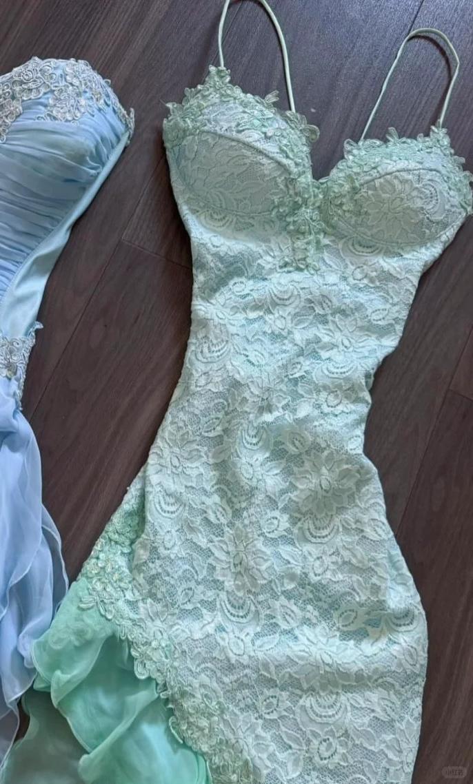 Fairytale Mint Green Spaghetti Straps Bodycon Chiffon Prom Dress Lace Applique Sweet Party Dress Secondary image