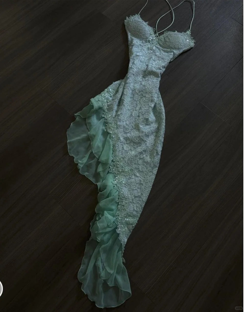 Fairytale Mint Green Spaghetti Straps Bodycon Chiffon Prom Dress Lace Applique Sweet Party Dress Main image
