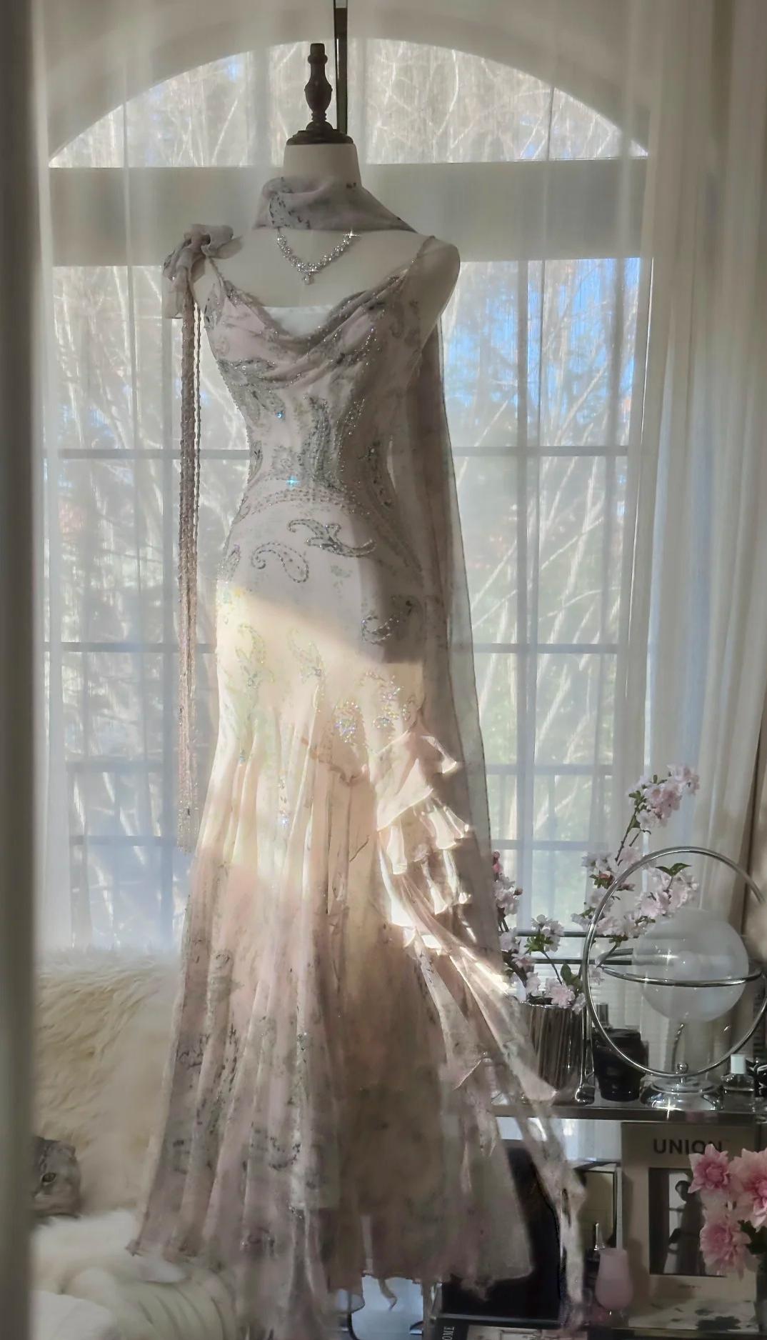 E??? Fairytale Pink Spaghetti Straps Mermaid Evening Gowns Vintage Elegant Beaded Silk Long Prom Dress Guest Dress Secondary image
