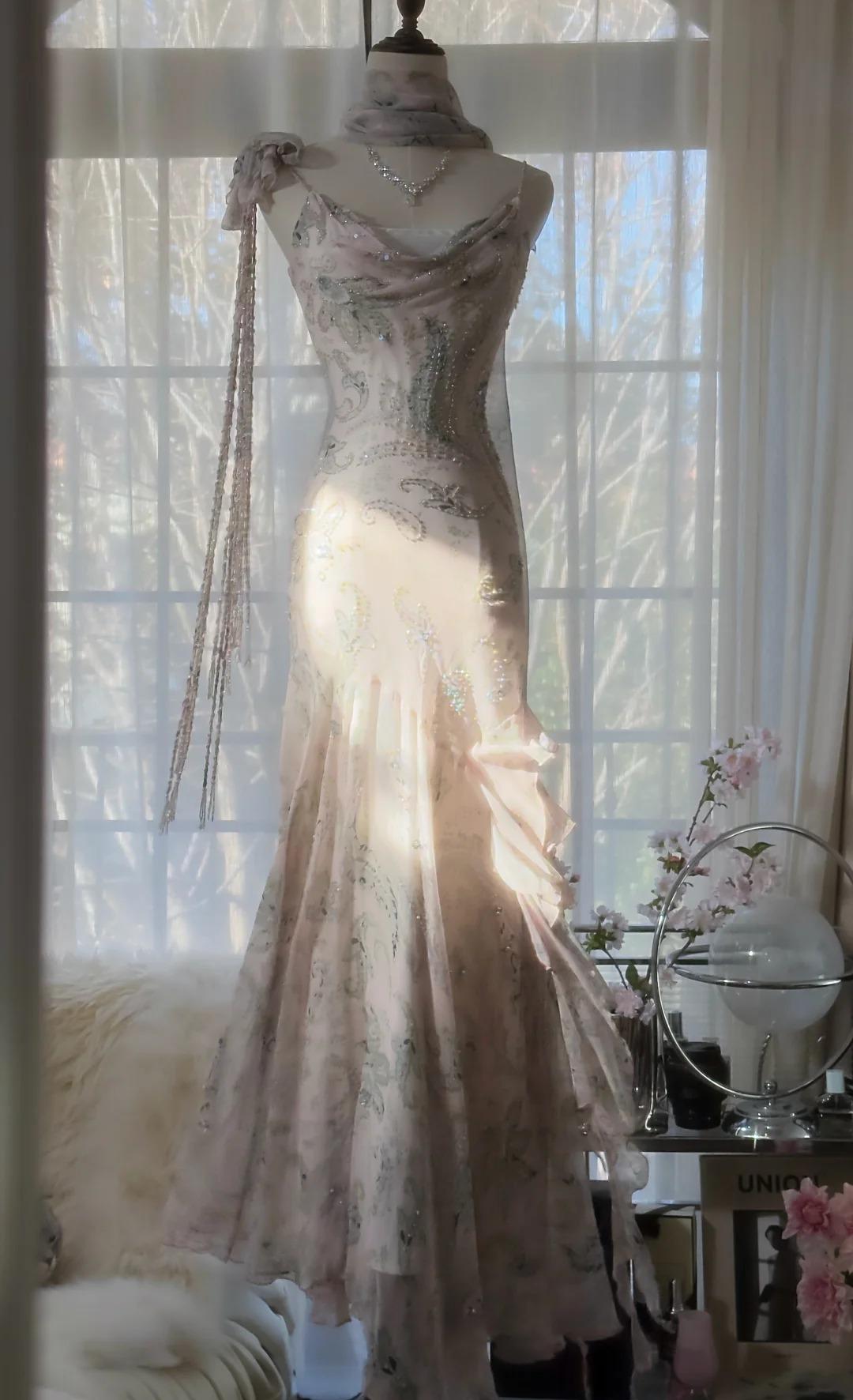 E??? Fairytale Pink Spaghetti Straps Mermaid Evening Gowns Vintage Elegant Beaded Silk Long Prom Dress Guest Dress Main image