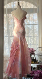 Fairytale Pink Mermaid Gown For Prom&Party-Vintage Spaghetti Strap Chiffon Beaded Long Evening Dress